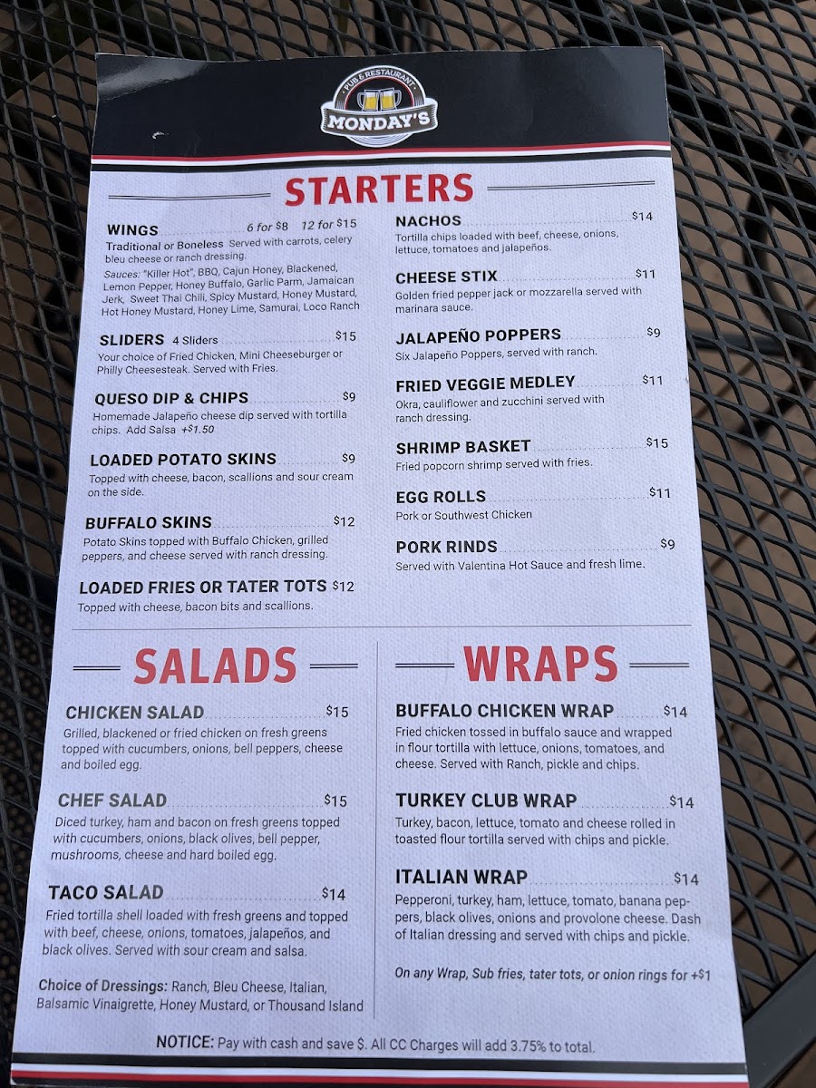 Mondays Pub Menu - Image 1